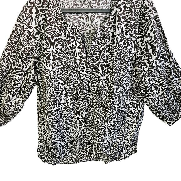 Yvos Women's Size XL Flowy Peasant Blouse Cream Brown Baroque Linen Blend Boho - Picture 3 of 6